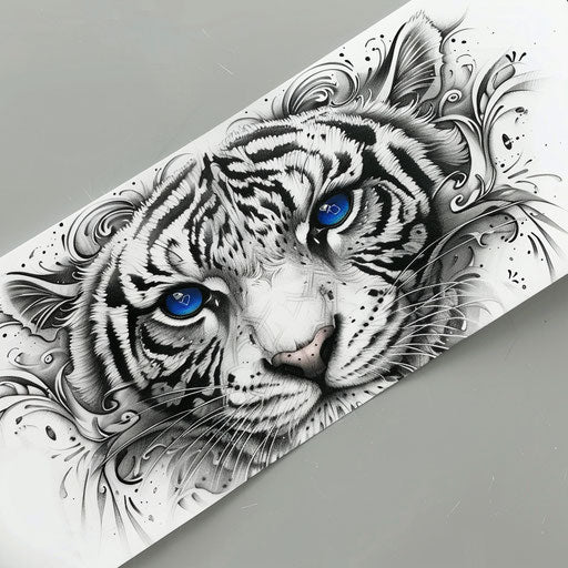 Ethereal tattoo sketch in a flat style, tiger eyes silver gray
