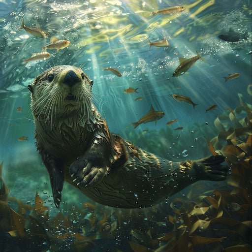 Enchanting underwater view of a sea otter swimming with fish