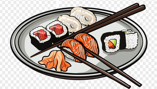 Plate of sushi and sashimi with chopsticks, vector illustration