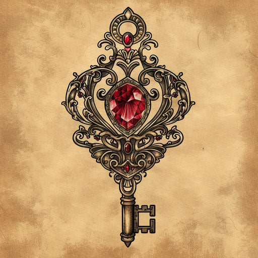 Rustic tattoo sketch of vintage lock and key with ruby centerpiece