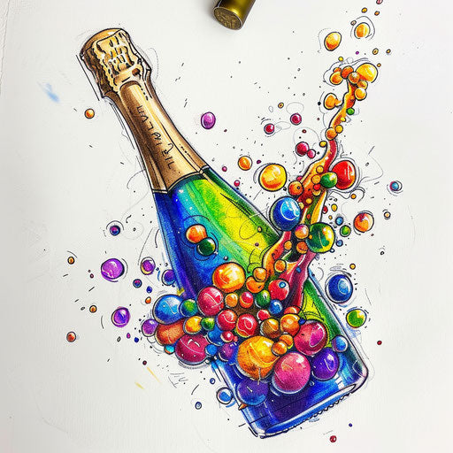 Vibrant flat tattoo sketch of a champagne bottle popping with colorful bubbles