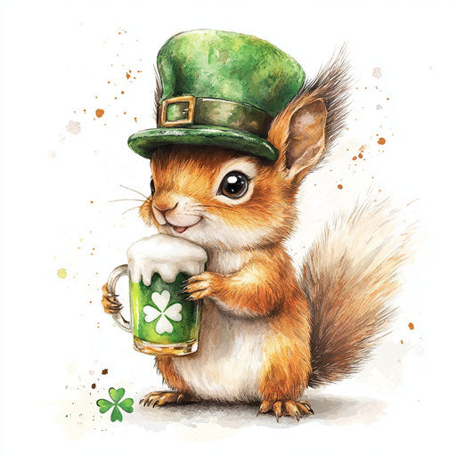 St. Patrick's Day, realistic watercolor painting of a cute baby squirrel with a green hat and a beer mug