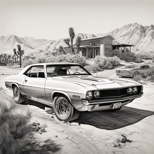 Dodge challengers and camaro cars coloring pages, in the style of Joseph Beuys