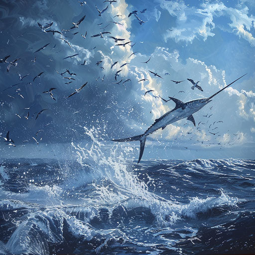 Lively oceanic scene with a swordfish leaping out of the water