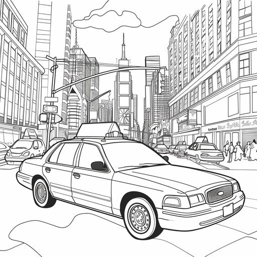 Outline of a taxi in a busy street. Coloring book page