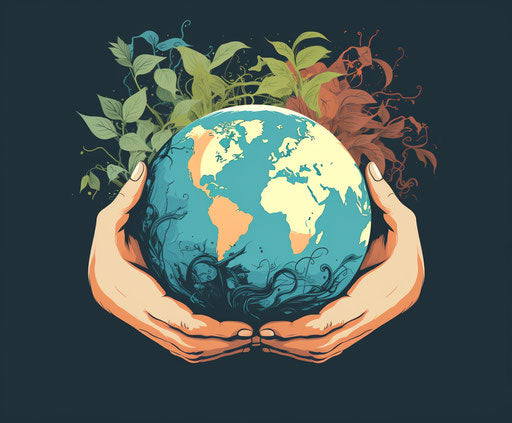 Earth globe held by hands with green leaves