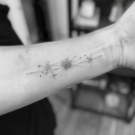 Minimalistic black and white galaxy tattoo concept, showcasing delicate constellations on a pure white backdrop