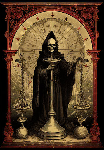 Hourglass and grim reaper with a scythe, grandparentcore, deteriorated, glistening