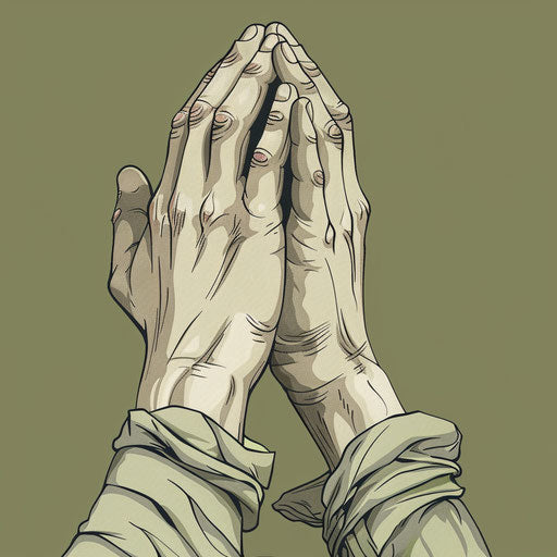 Realistic praying hands clipart with flat, muted olive background