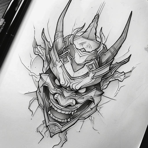 Bold flat tattoo sketch of a Hannya mask with sharp horns and intense eyes
