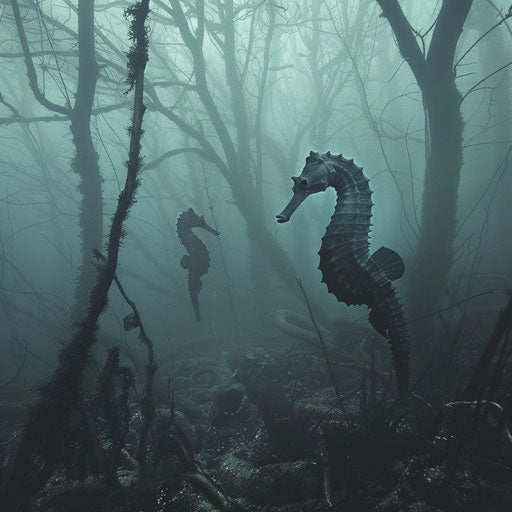 Seahorses in a foggy underwater forest, mystical and quiet