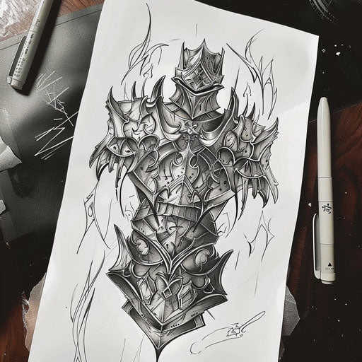 Elaborate tattoo sketch of Dark Souls armor