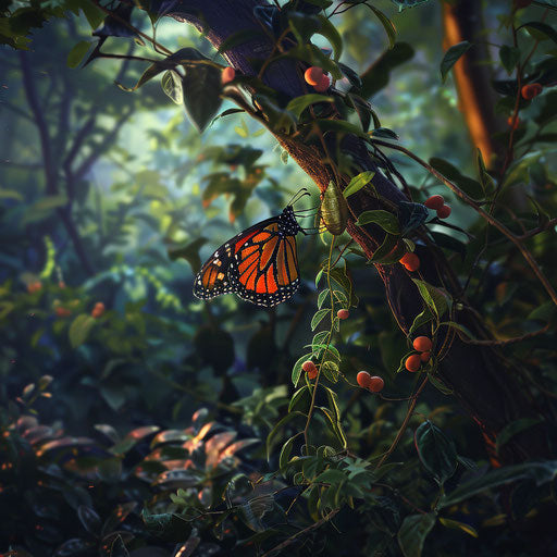 Monarch butterfly emerging from chrysalis in lush green garden
