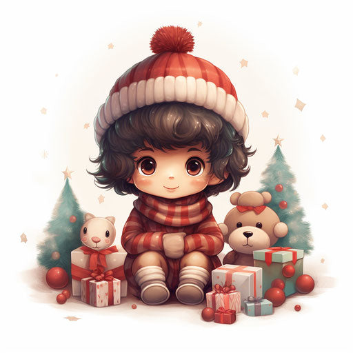 Cute Christmas clipart in the style of Chiaroscuro Art, on white background
