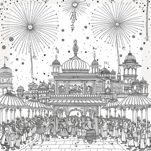 Diwali parade with people in traditional attire and floats