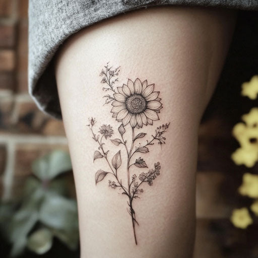 Sunflower tattoo with delicate botanical illustrations