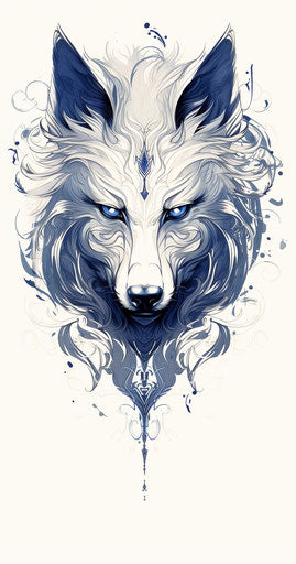 Fantasy wolf tattoo illustration, intricate foliage style