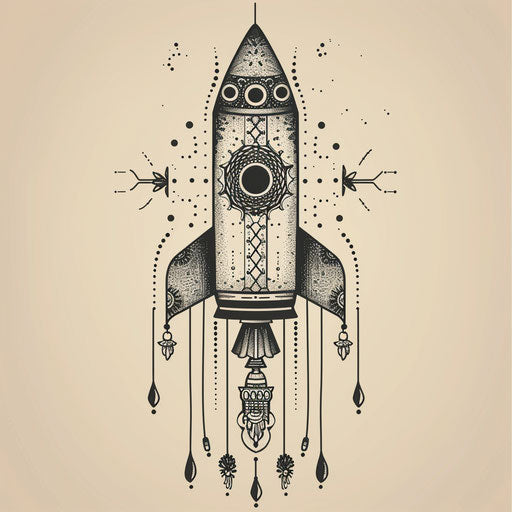 Decorative flat tattoo sketch of a rocket adorned with intricate lace patterns, ivory and black, clipart style