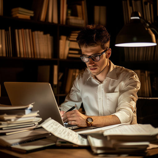Financial analyst working late with laptop and documents