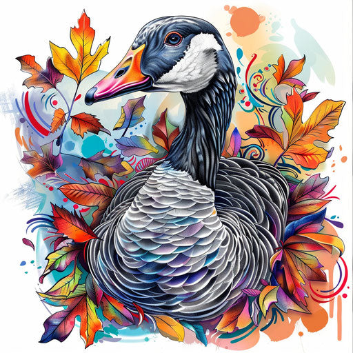 Vibrant flat tattoo sketch of a goose with a colorful background of autumn leaves