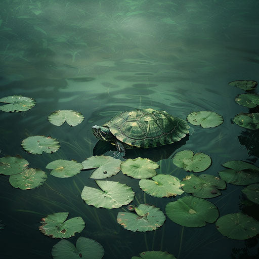 Snapping turtle in a serene pond with floating lily pads