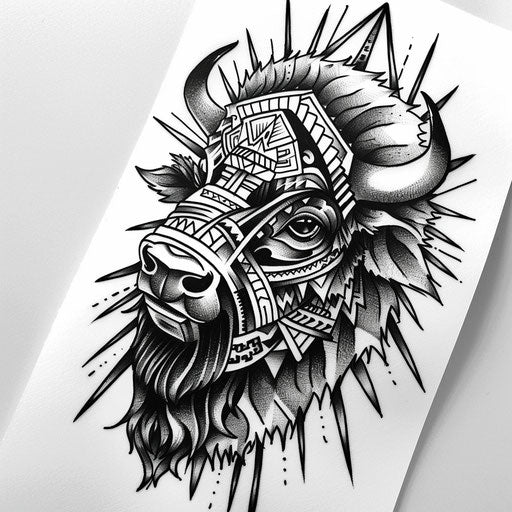 Bold sketch of a bison head with tribal motifs