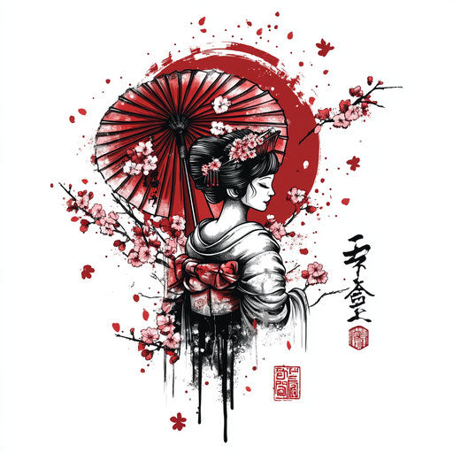 Yakuza back tattoo with geisha and sakura petals