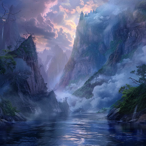 Cove with misty mountains in the background