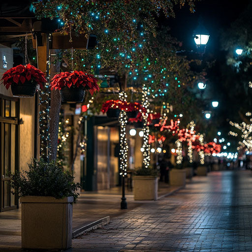 Downtown street adorned with red and green lighted decorations