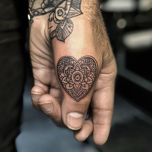 Heart tattoo on finger with intricate mandala patterns