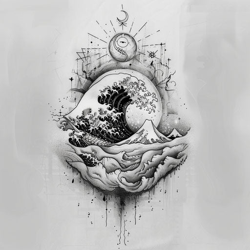 Flat tattoo sketch of a gentle wave with sleep and dreams symbols hidden