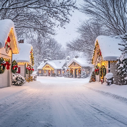 Soft snow falling over a village adorned with Christmas lights