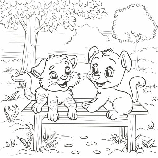 Cat and dog playing together in a park