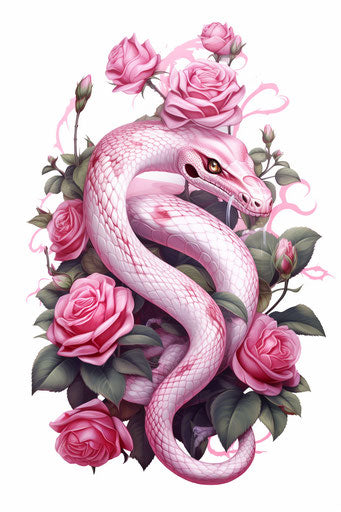 Pink rose and snake together, alchemical symbolism style