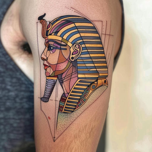 Tranquil flat tattoo sketch of a pharaoh in soft pastel tones and gentle lines