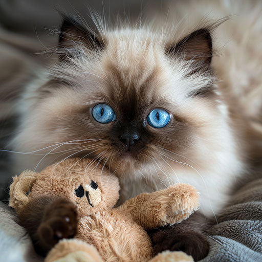 Himalayan cat with big blue eyes, cuddling a stuffed animal