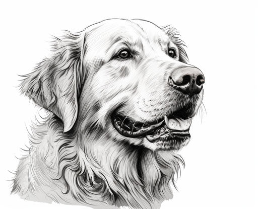 Drawing of golden retriever dog in clean sharp inking
