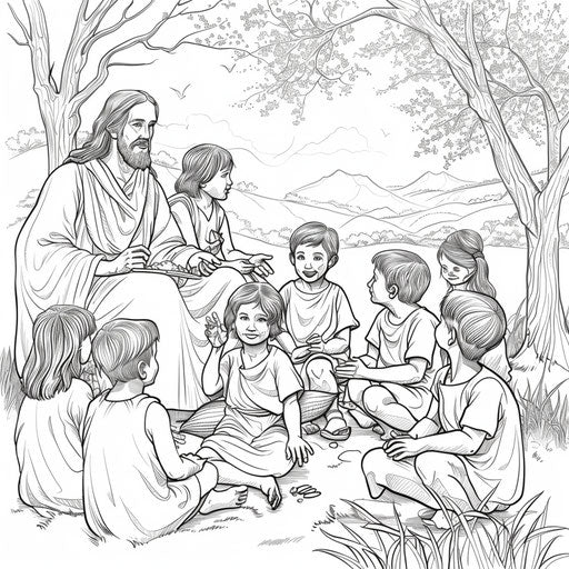 Jesus teaching children with a peaceful background