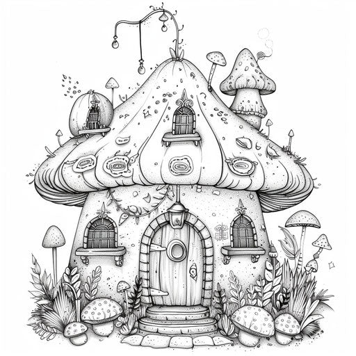 Fantastical mushroom house with whimsical designs and fairy lights