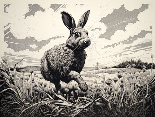 Rabbit sprint in heavy ink style on grassy field