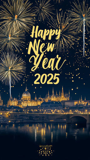 Happy New Year 2025 in golden letters with fireworks over a European castle at night