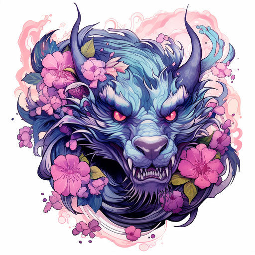 Purple dragon with flowers, seapunk style, colorful