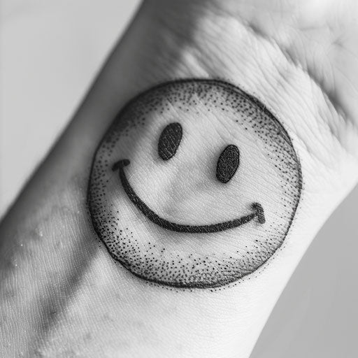 Minimalist black and white smiley face tattoo art, isolated on white