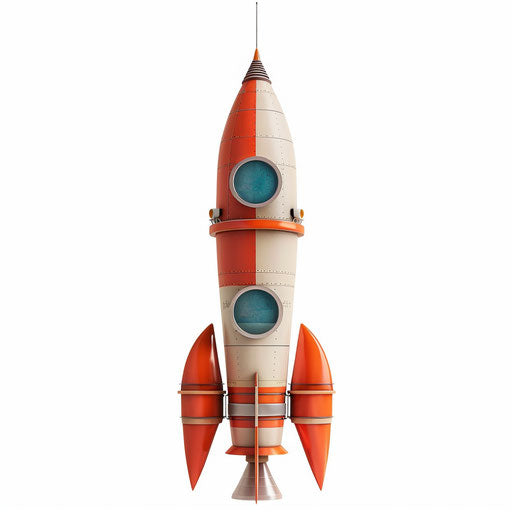 Realistic rocket clipart on flat white background, bright colors