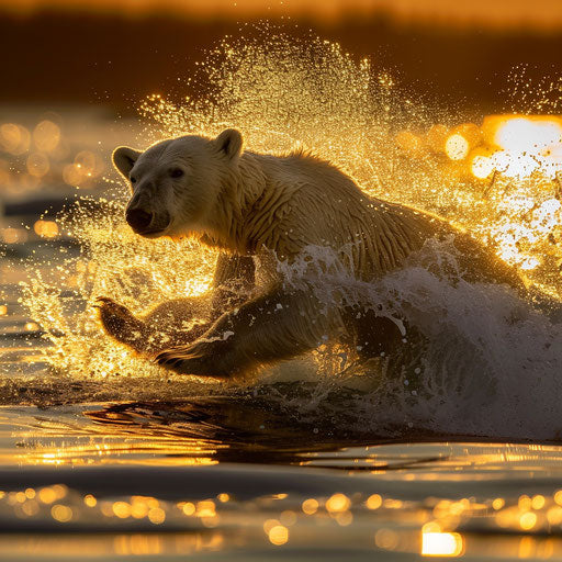 Polar bear diving into the sea from an ice floe at dawn