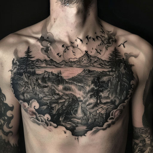Men's chest tattoo depicting dark, surreal landscapes