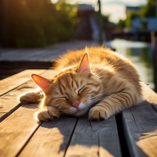 Ginger cat lying on a dock