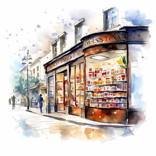 Pharmacy clipart in the style of Impressionistic Art, on a white background