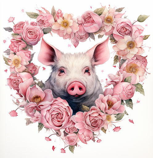 Floral heart with pig in center, whimsical ink drawing style