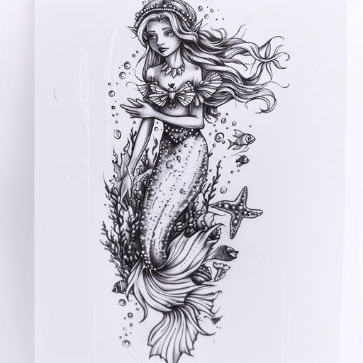 Sea fairy tattoo design with ocean waves and marine accents